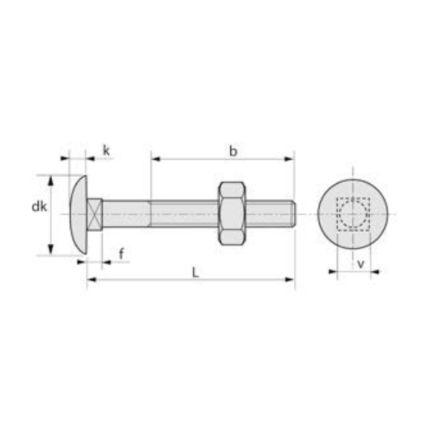 Boulon TRCC tête collet carré avec écrou acier zingué DIN 555 603 M6x50