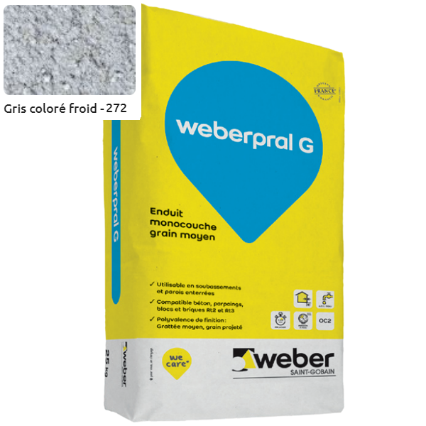 Enduit monocouche moyen WeberPral G 272 Gris coloré froid 25 KG